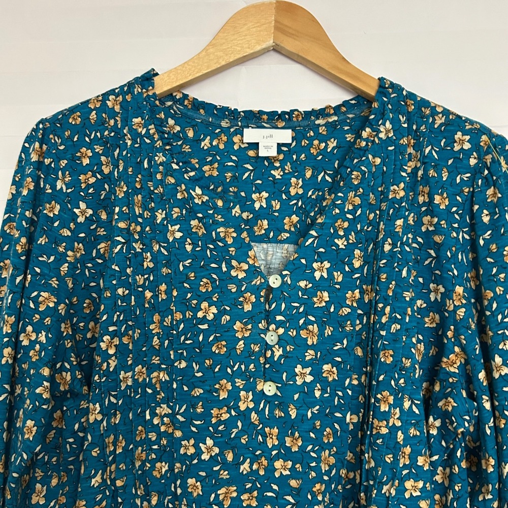 J. Jill Teal Floral Pintuck V-Neck Blouse Cotton Tencel Modal L Long Sleeve - Picture 3 of 9